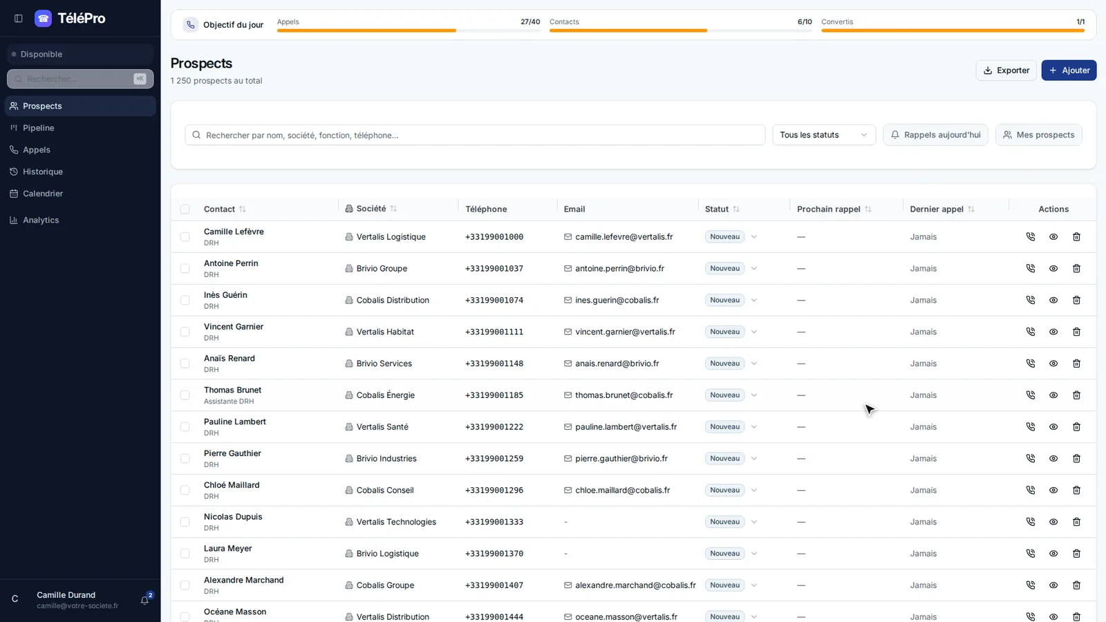 Liste de prospects dans TéléPro avec statuts et actions d'appel